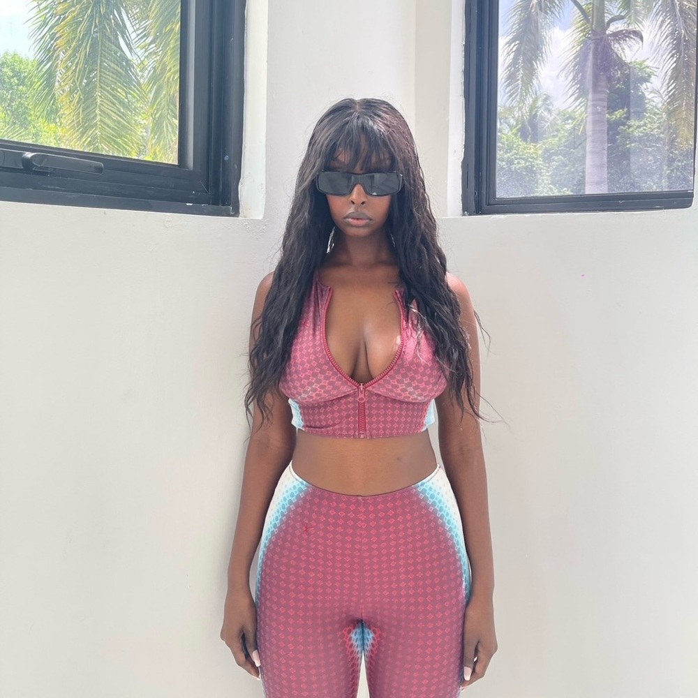 KOZA KURTULUS Two Piece Thermal Multicolor Set Flare Bottoms Crop Top Zipper